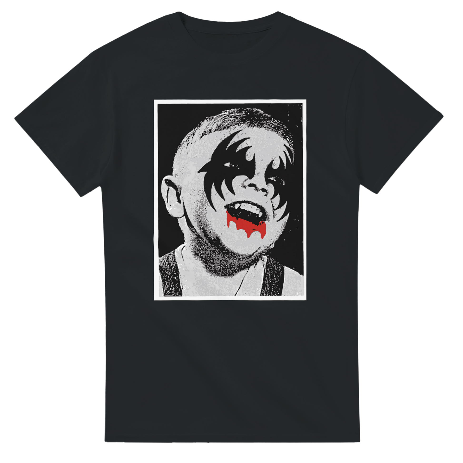 101SHIRTS black KISS Gene Simmons kid t-shirt with child face makeup and red tongue graphic
