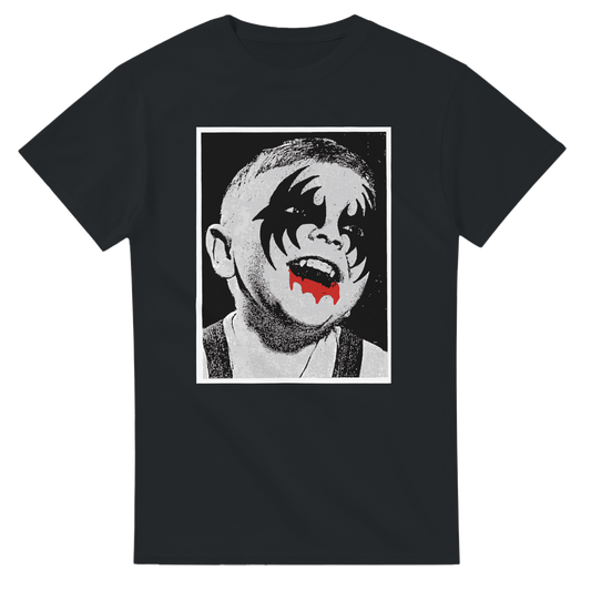 101SHIRTS black KISS Gene Simmons kid t-shirt with child face makeup and red tongue graphic