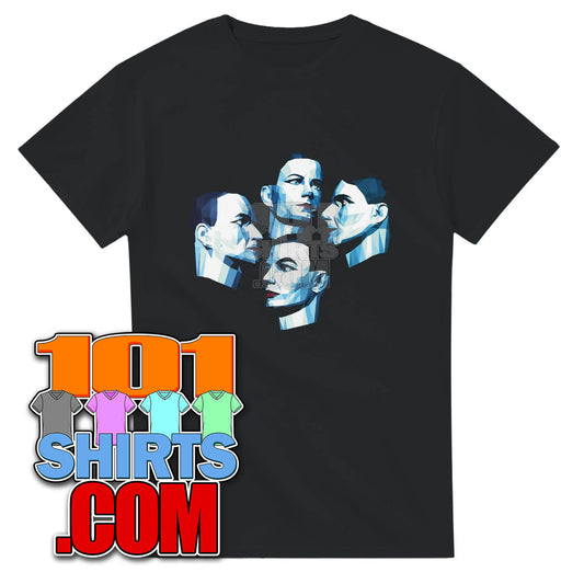 Black Kraftwerk Electric Cafe t-shirt featuring stylized blue and white faces graphic by 101SHIRTS