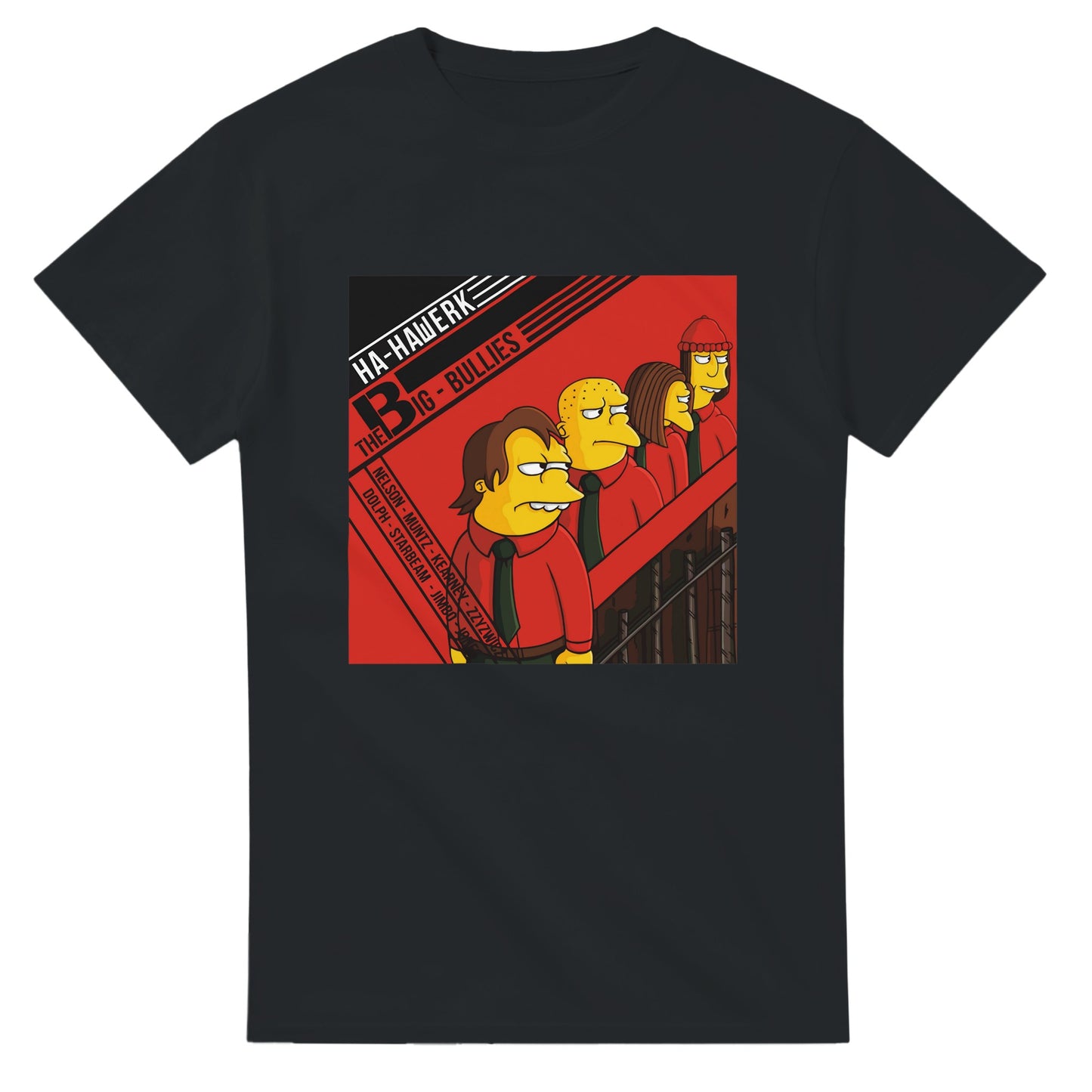 Black Kraftwerk parody t-shirt featuring cartoon characters in red outfits inspired by the band cover art