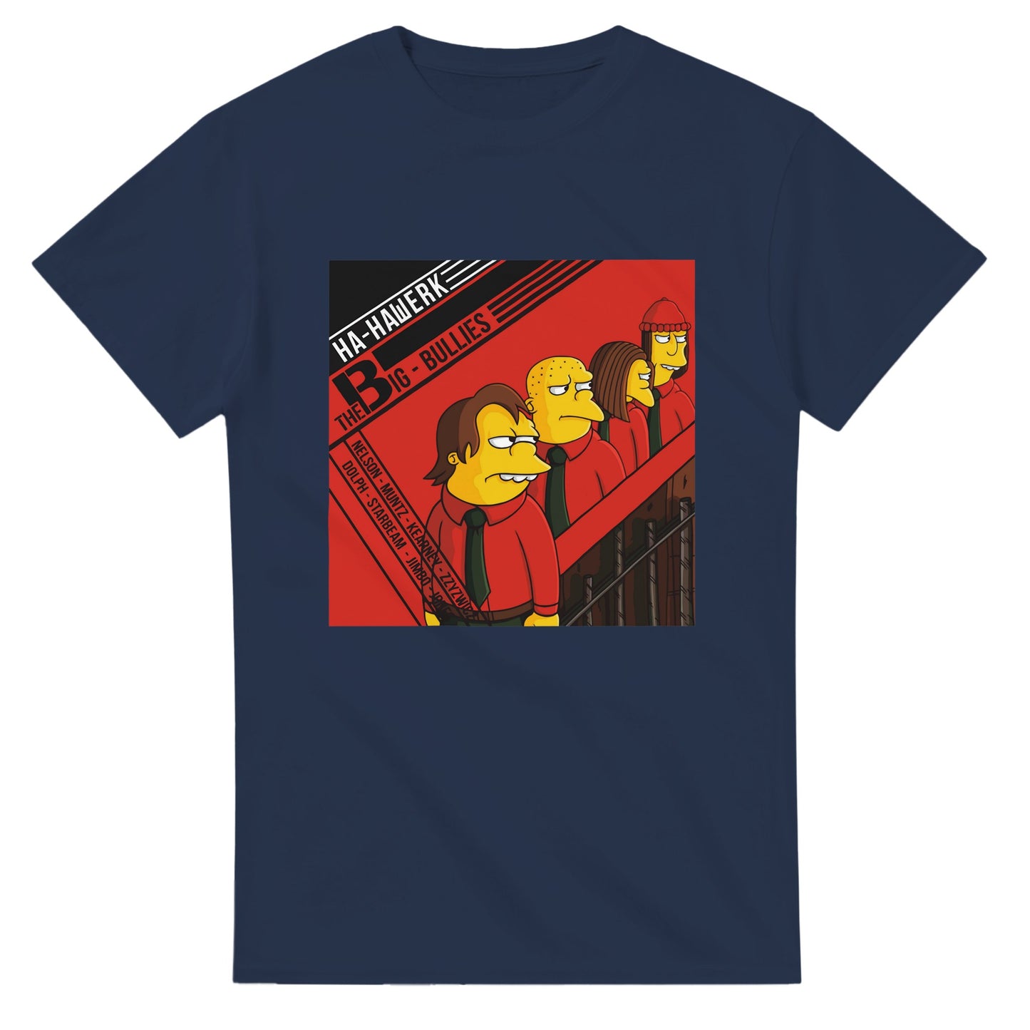 Navy blue 101SHIRTS Kraftwerk parody t-shirt featuring cartoon characters in red on the front