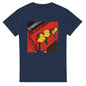 Navy blue 101SHIRTS Kraftwerk parody t-shirt featuring cartoon characters in red on the front