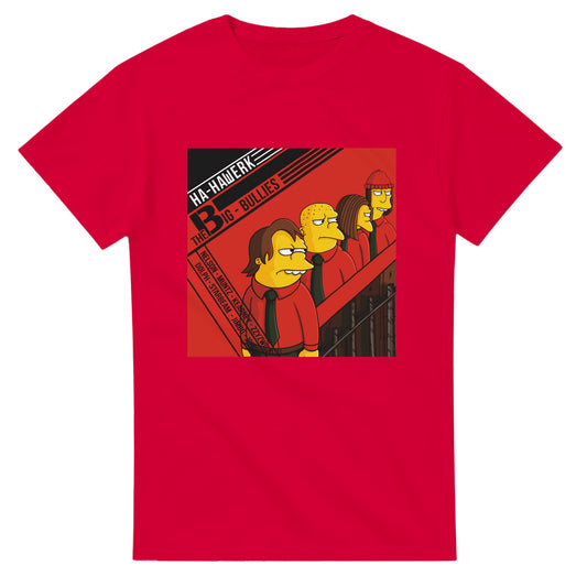 Red Kraftwerk parody t-shirt featuring cartoon characters in red outfits inspired by the band