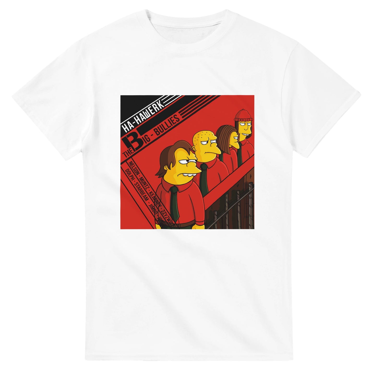 White t-shirt featuring a Kraftwerk parody t-shirt design with cartoon characters in red and black