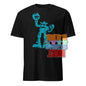 Black t-shirt with blue robot graphic design from 101SHIRTS mighty mech destroyer tee