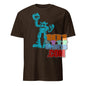 Brown T-shirt with blue robot graphic from 101SHIRTS mighty mech destroyer tee design