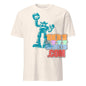 White 101SHIRTS mighty mech destroyer tee with blue robot graphic on front