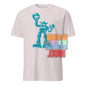 White T-shirt with blue robot graphic by 101SHIRTS mighty mech destroyer tee