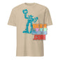 Beige t-shirt with blue robot graphic from 101SHIRTS featuring the mighty mech destroyer tee design