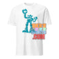 White T-shirt from 101SHIRTS featuring a blue robot graphic and mighty mech destroyer tee design