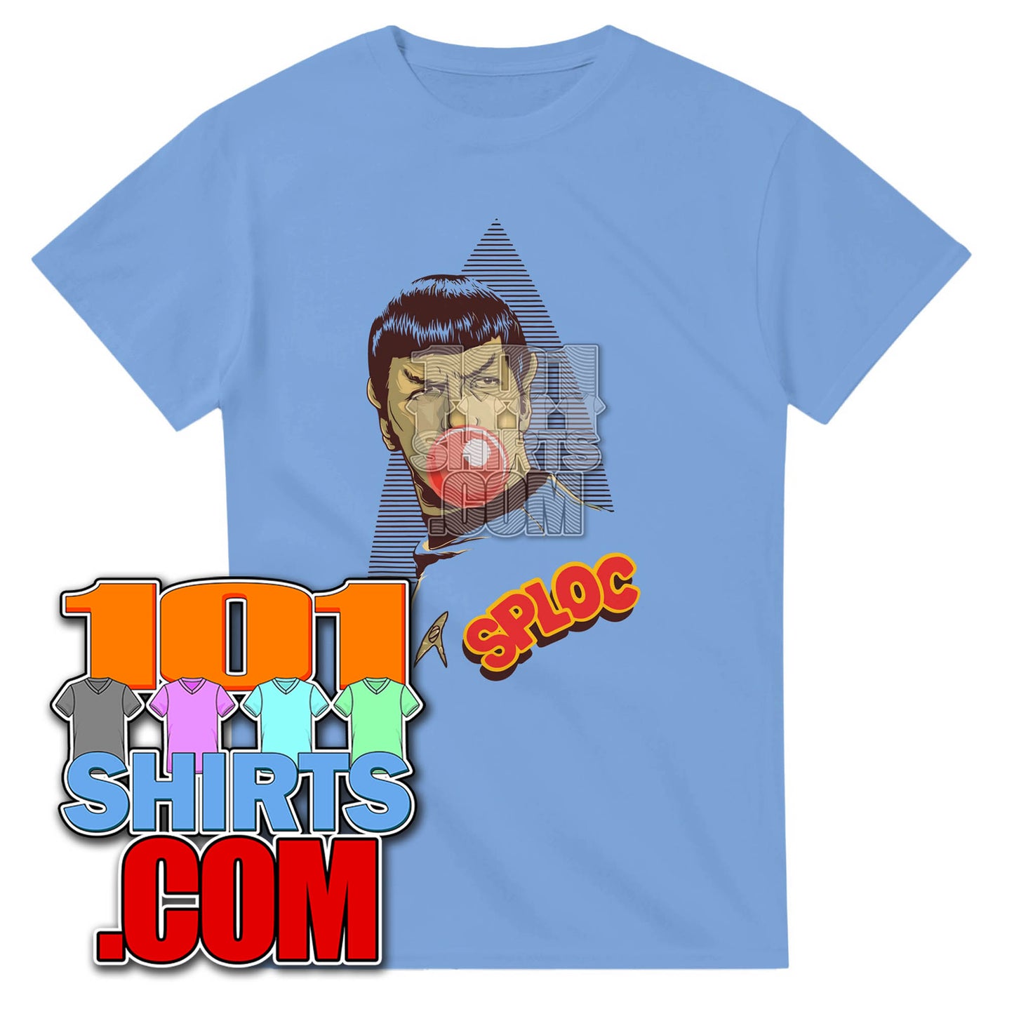 Light blue Mr. Spock parody t-shirt from 101SHIRTS with humorous comic-style graphic design
