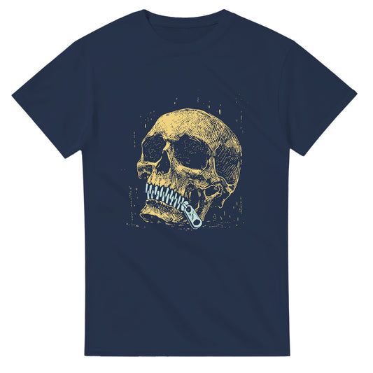 Navy blue skeleton zipper mouth shirt with detailed skull graphic and zipper design