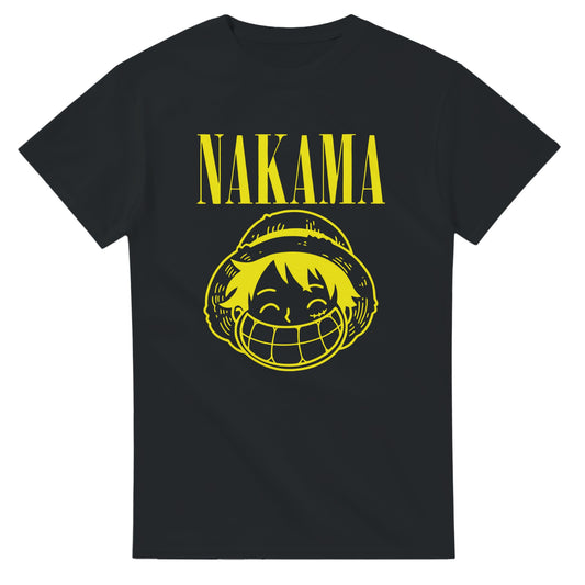 Black One Piece Nakama parody t-shirt with yellow smiling character graphic and text