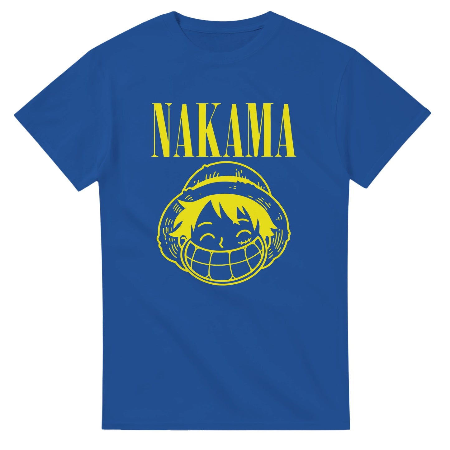Blue One Piece Nakama parody t-shirt with large yellow smiling character graphic and text