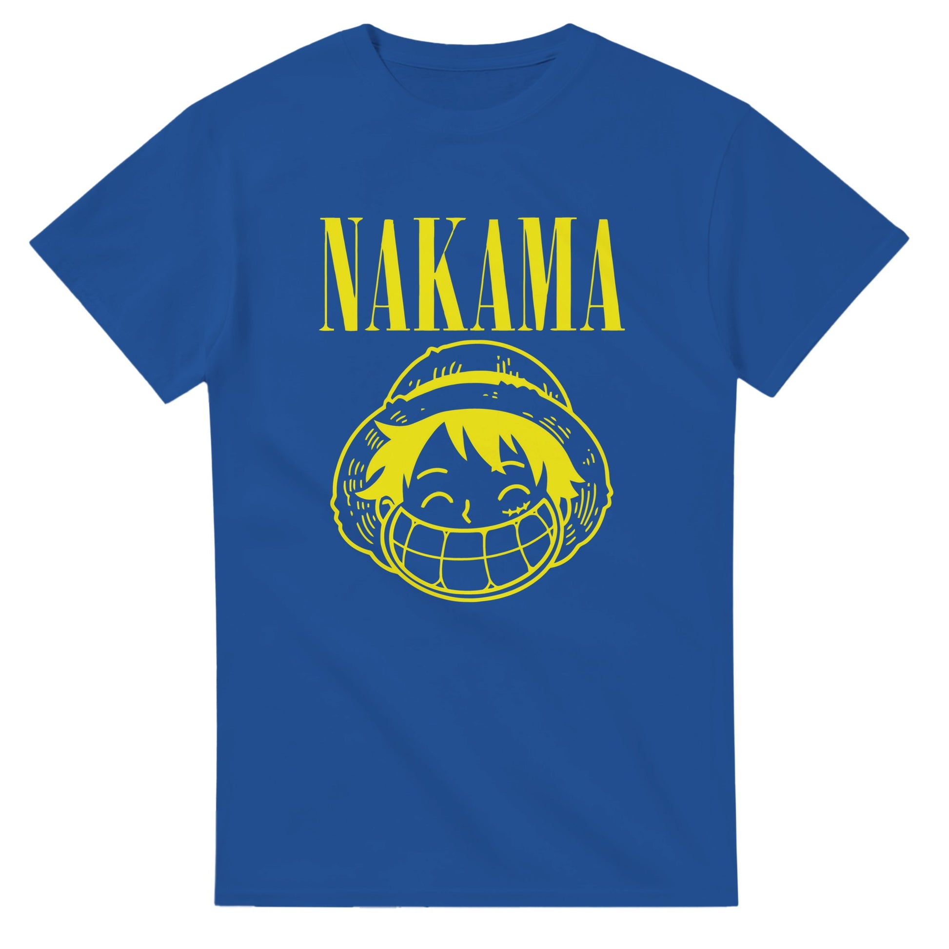 Blue One Piece Nakama parody t-shirt with large yellow smiling character graphic and text