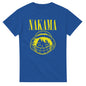 Blue One Piece Nakama parody t-shirt with large yellow smiling character graphic and text