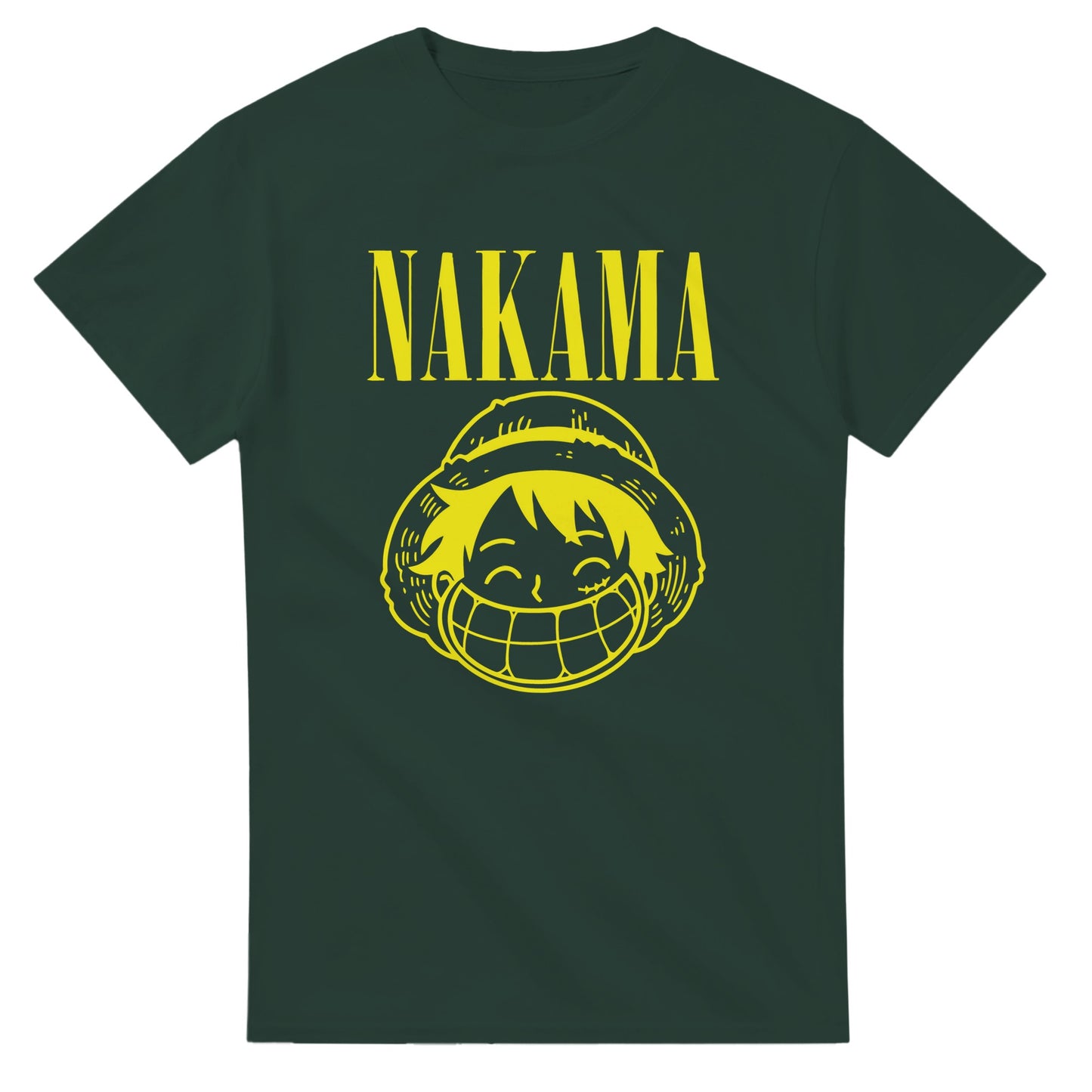 101SHIRTS One Piece Nakama parody t-shirt in dark green with yellow cartoon design