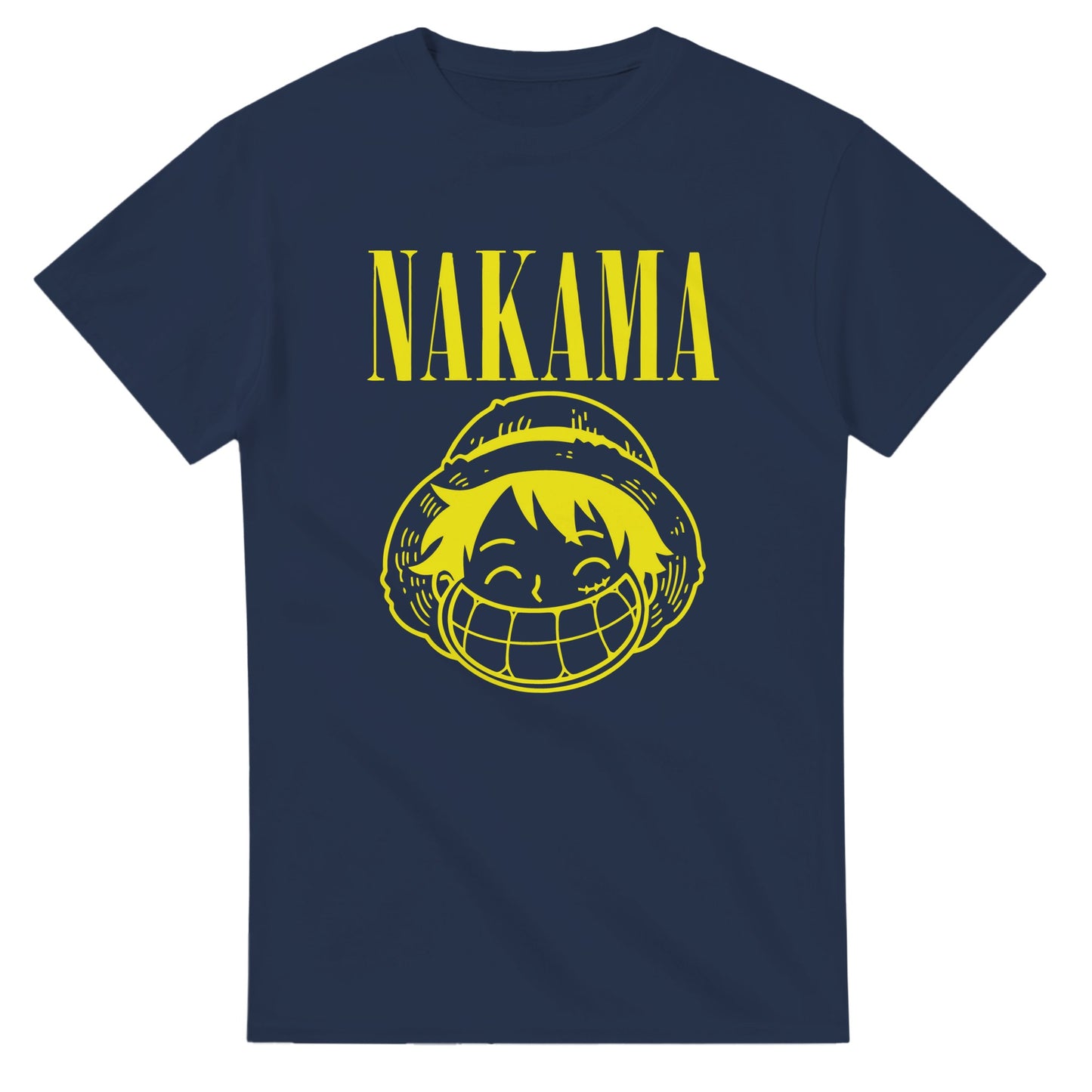 Navy blue One Piece Nakama parody t-shirt with large yellow smiling character face and Nakama text