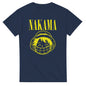 Navy blue One Piece Nakama parody t-shirt with large yellow smiling character face and Nakama text