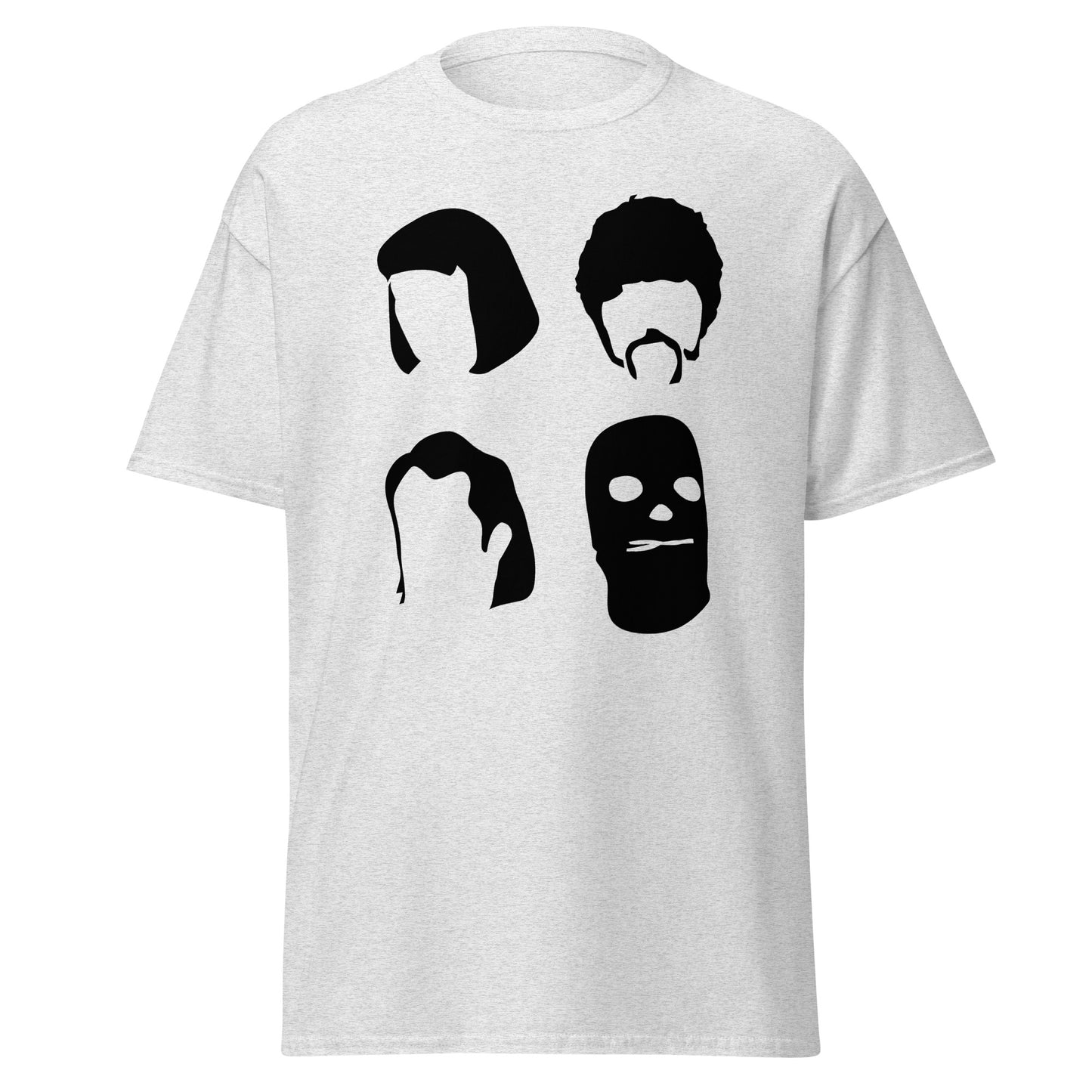 101SHIRTS Pulp Fiction silhouette t-shirt with black character outlines on a light gray tee