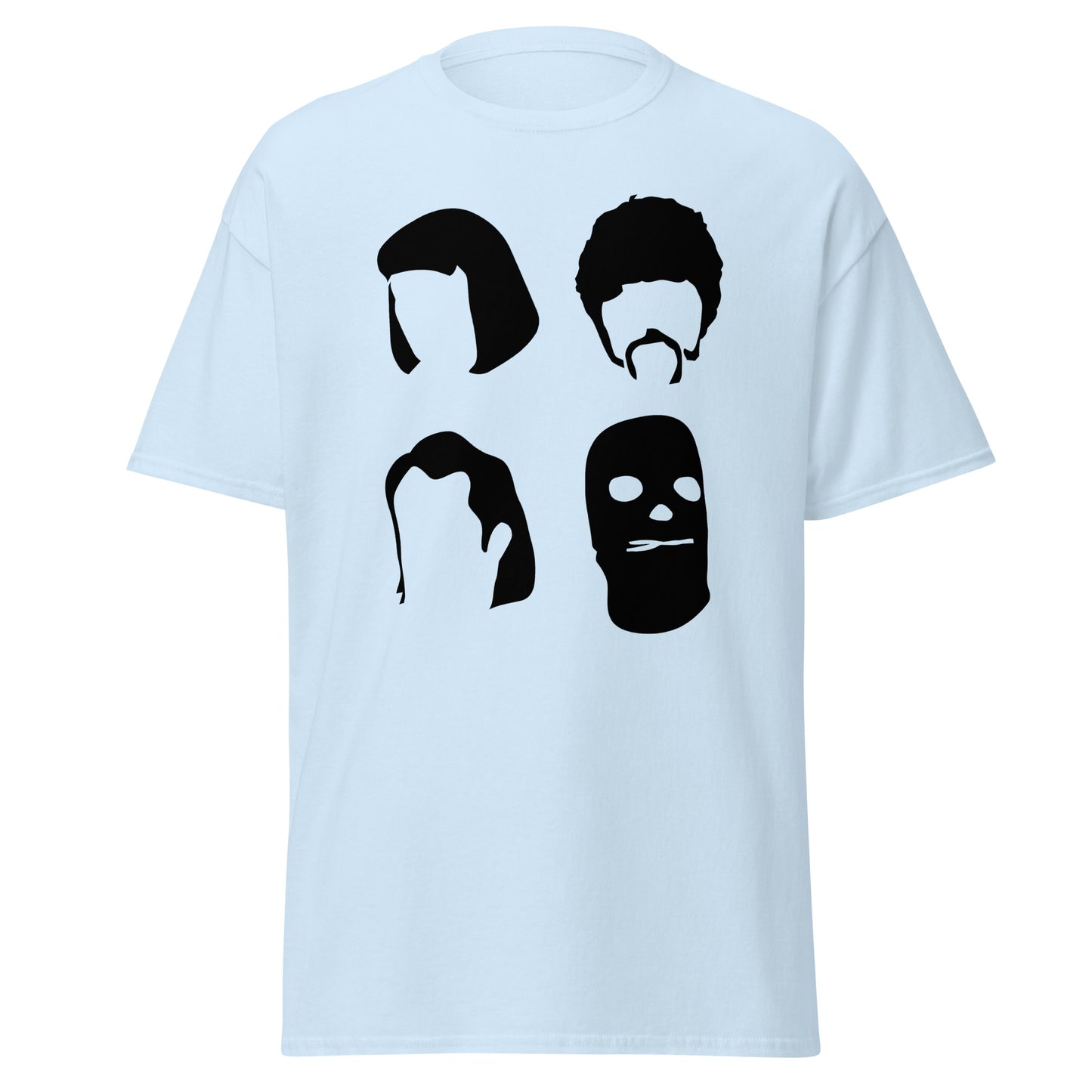 Light blue pulp fiction silhouette t-shirt with black stylized character faces from 101SHIRTS