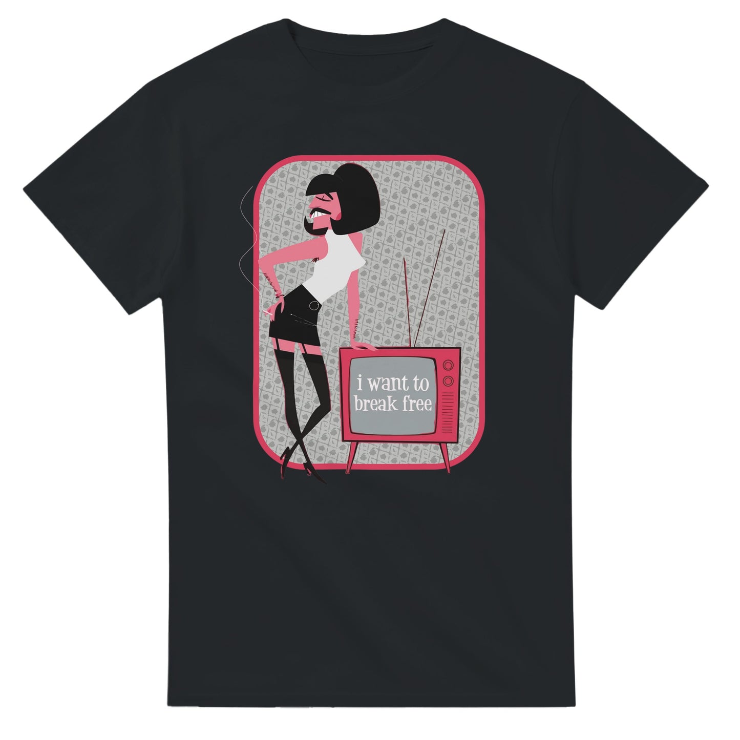 Black Queen Freddie Mercury t-shirt with stylized cartoon and vintage TV showing I want to break free
