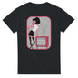 Black Queen Freddie Mercury t-shirt with stylized cartoon and vintage TV showing I want to break free