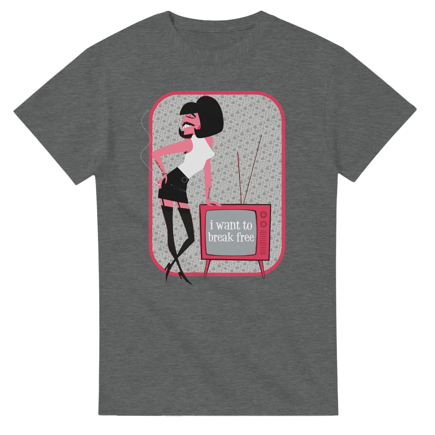 Gray Queen Freddie Mercury t-shirt featuring stylized illustration and vintage TV with I want to break free text