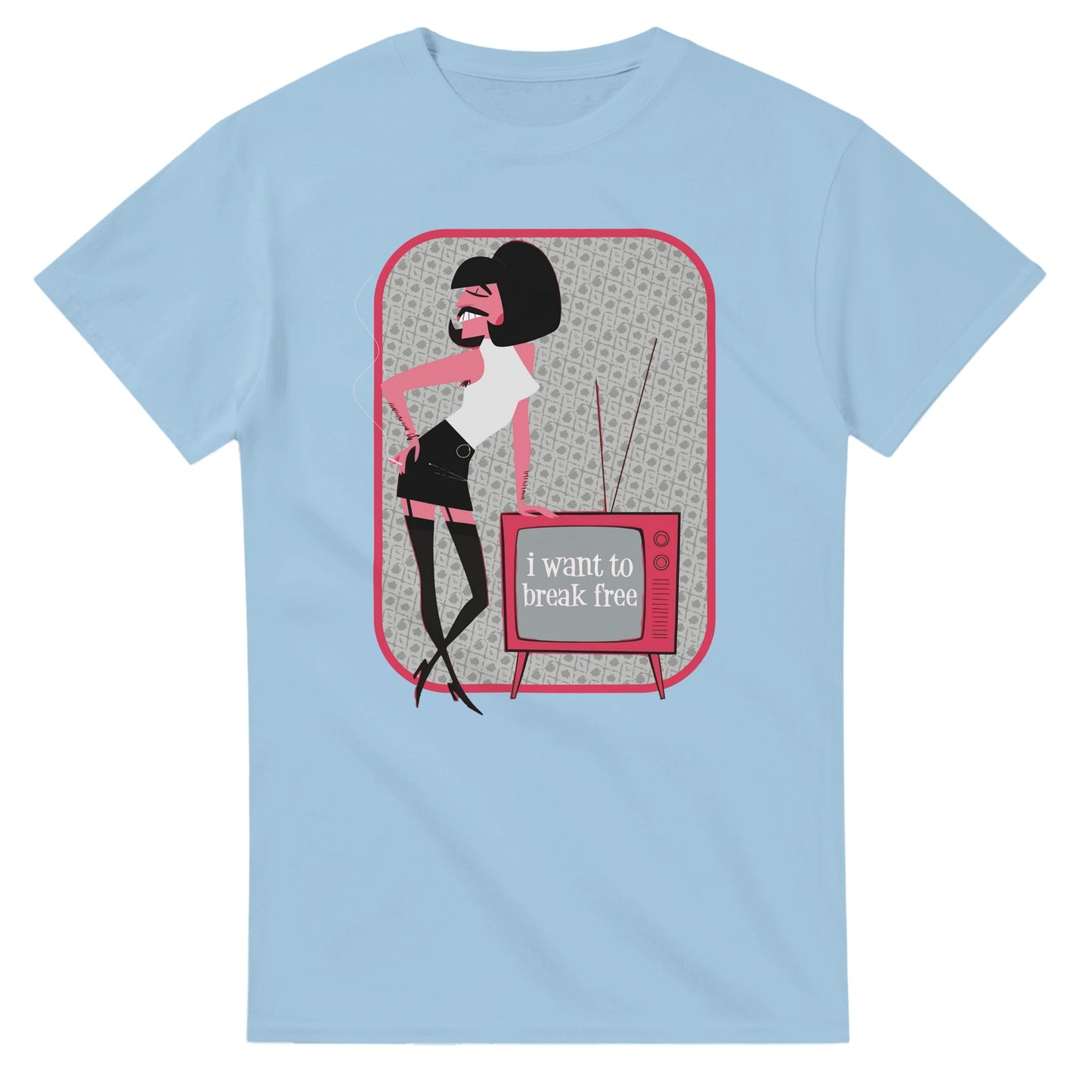 Light blue Queen Freddie Mercury t-shirt with cartoon graphic and vintage TV design