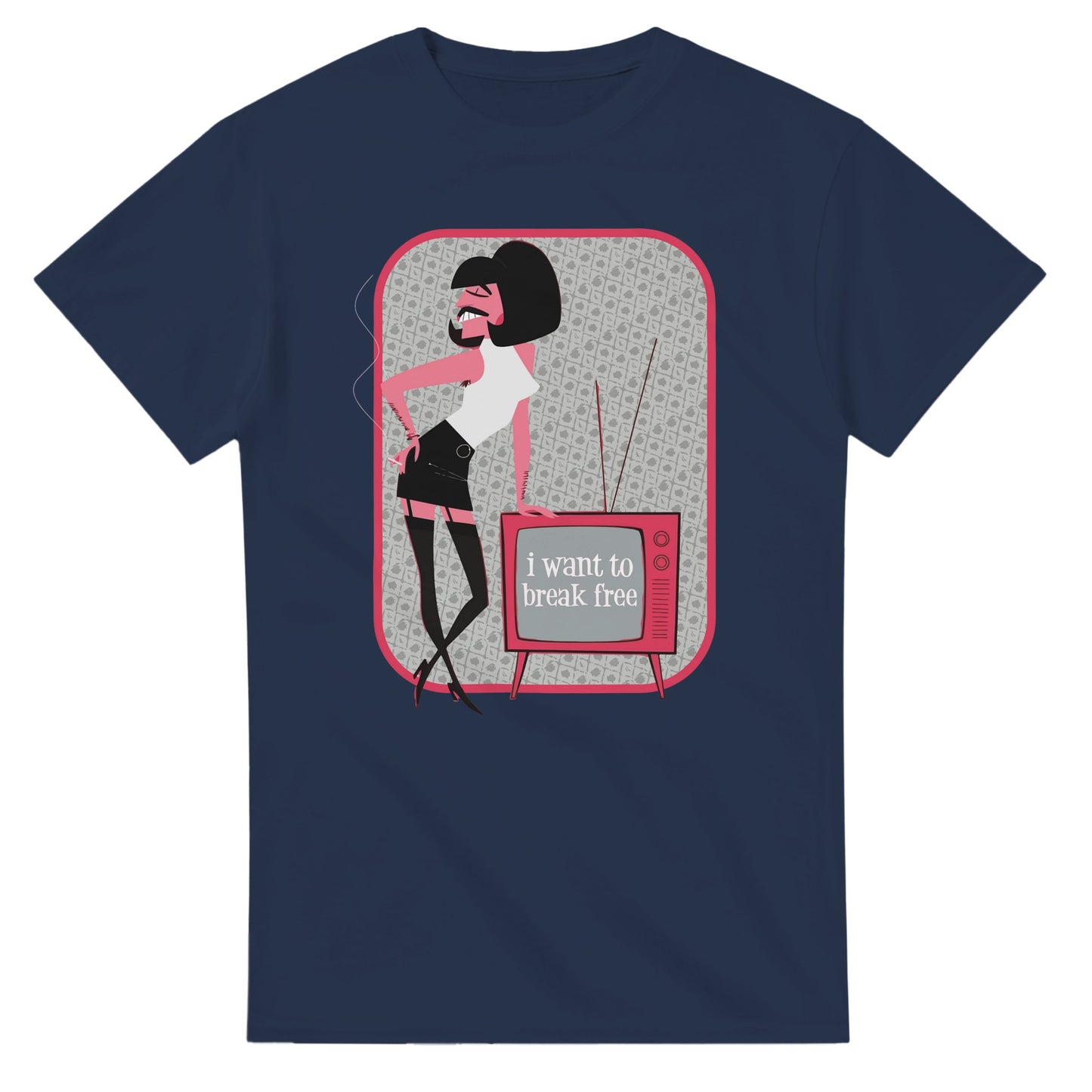 Navy Queen Freddie Mercury t-shirt featuring cartoon Freddie with vintage TV and lyrics I want to break free
