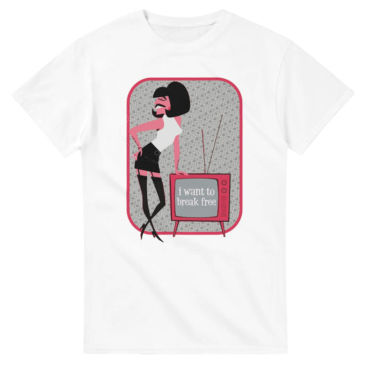 101SHIRTS white Queen Freddie Mercury t-shirt featuring cartoon Mercury with vintage TV and 'I want to break free' text