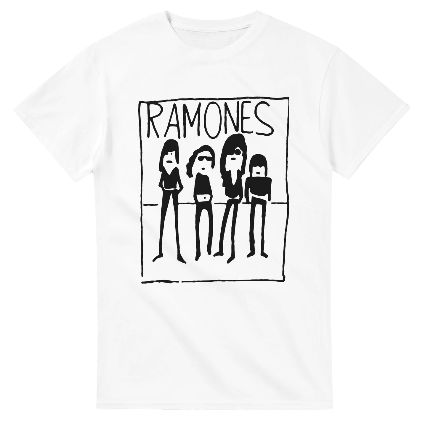 101SHIRTS Ramones vintage t-shirt with black hand-drawn band graphic on white cotton fabric