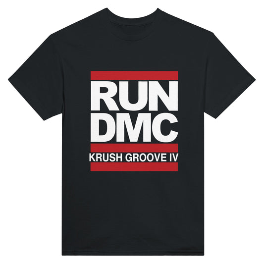 Black RUN DMC concert t-shirt with red and white graphic design by 101SHIRTS