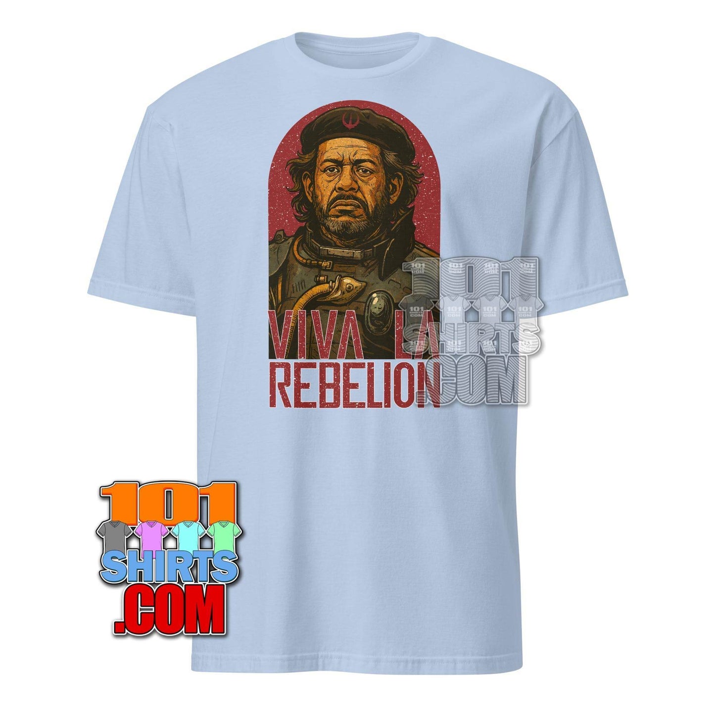 Light blue Saw Gerrera Star Wars t-shirt featuring a detailed graphic of Saw Gerrera with rebellion text