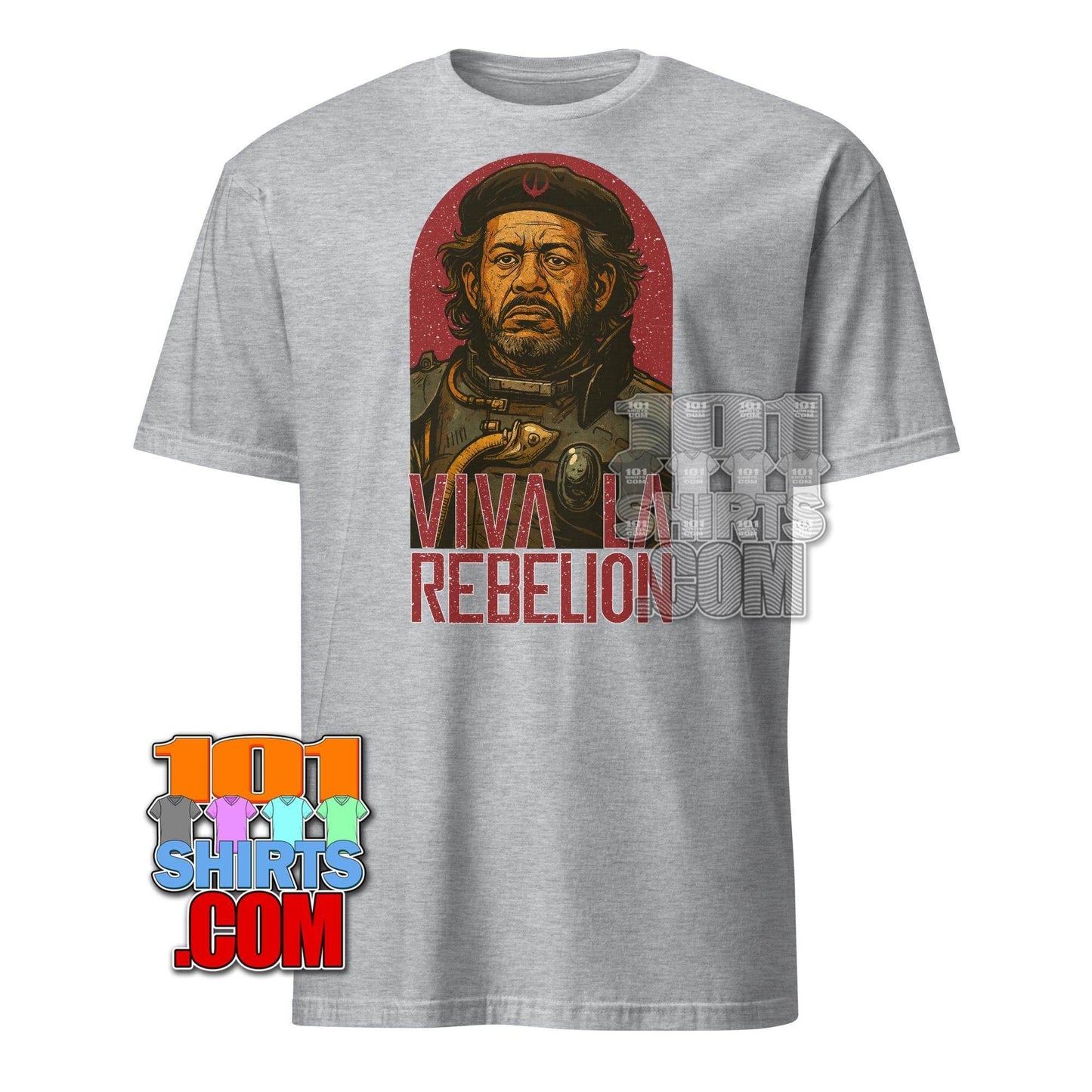 Gray Saw Gerrera Star Wars t-shirt featuring a detailed graphic of Saw Gerrera with Viva Rebellion text