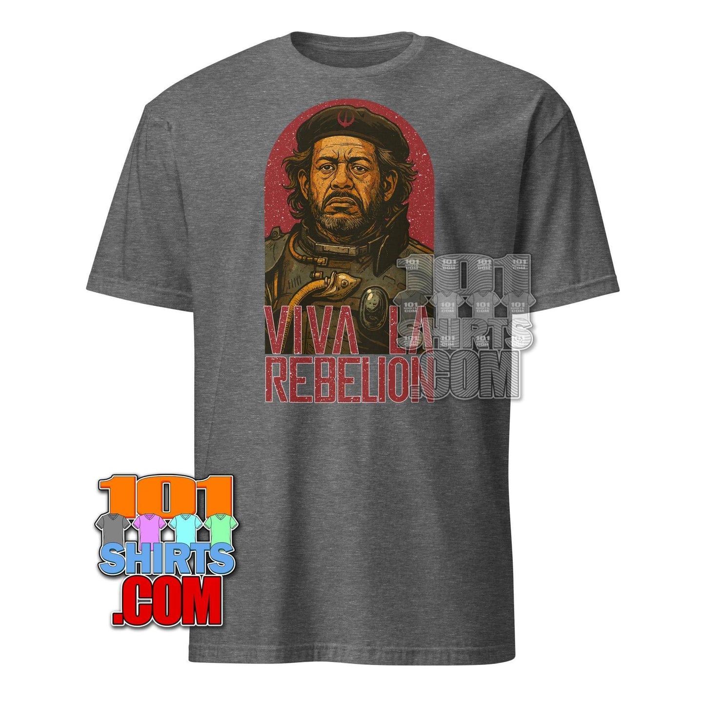 Gray Saw Gerrera Star Wars t-shirt featuring a graphic of Saw Gerrera with vivid red details by 101SHIRTS