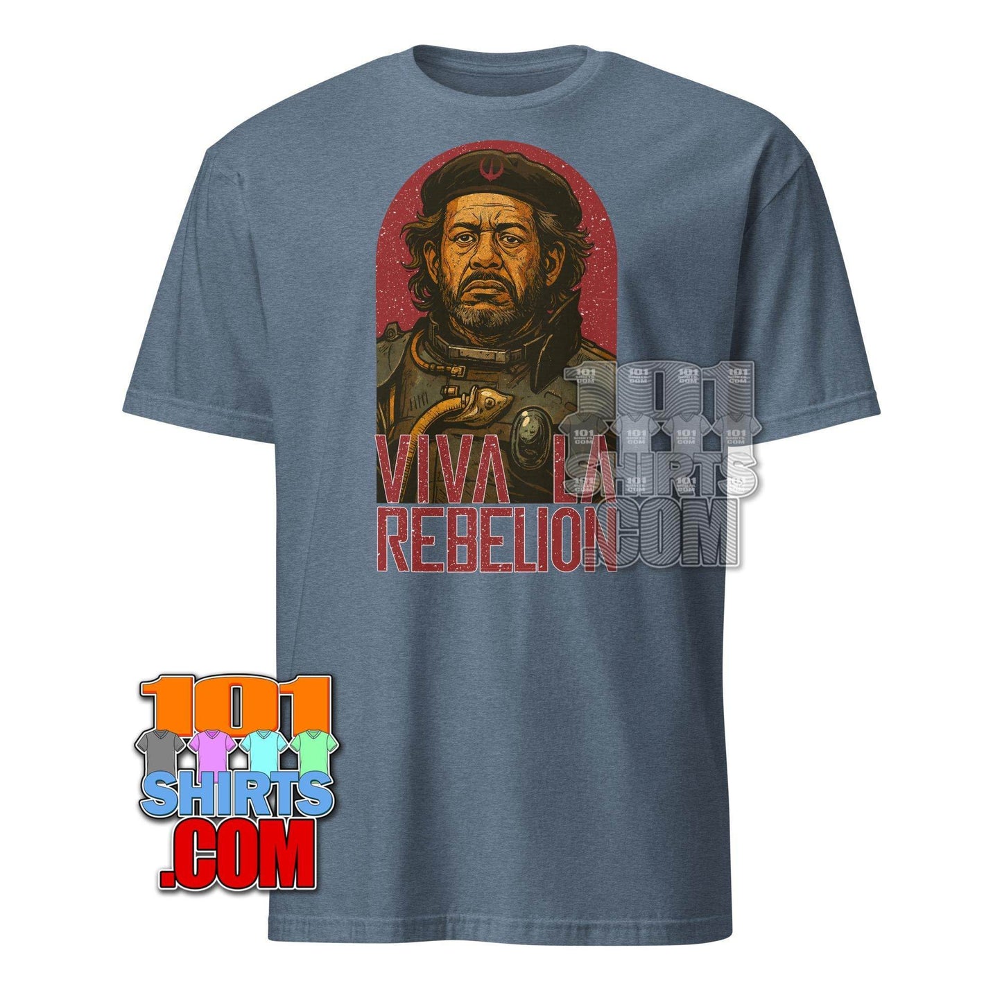 Saw Gerrera Star Wars t-shirt by 101SHIRTS featuring a graphic of Saw Gerrera with viva la rebelion text