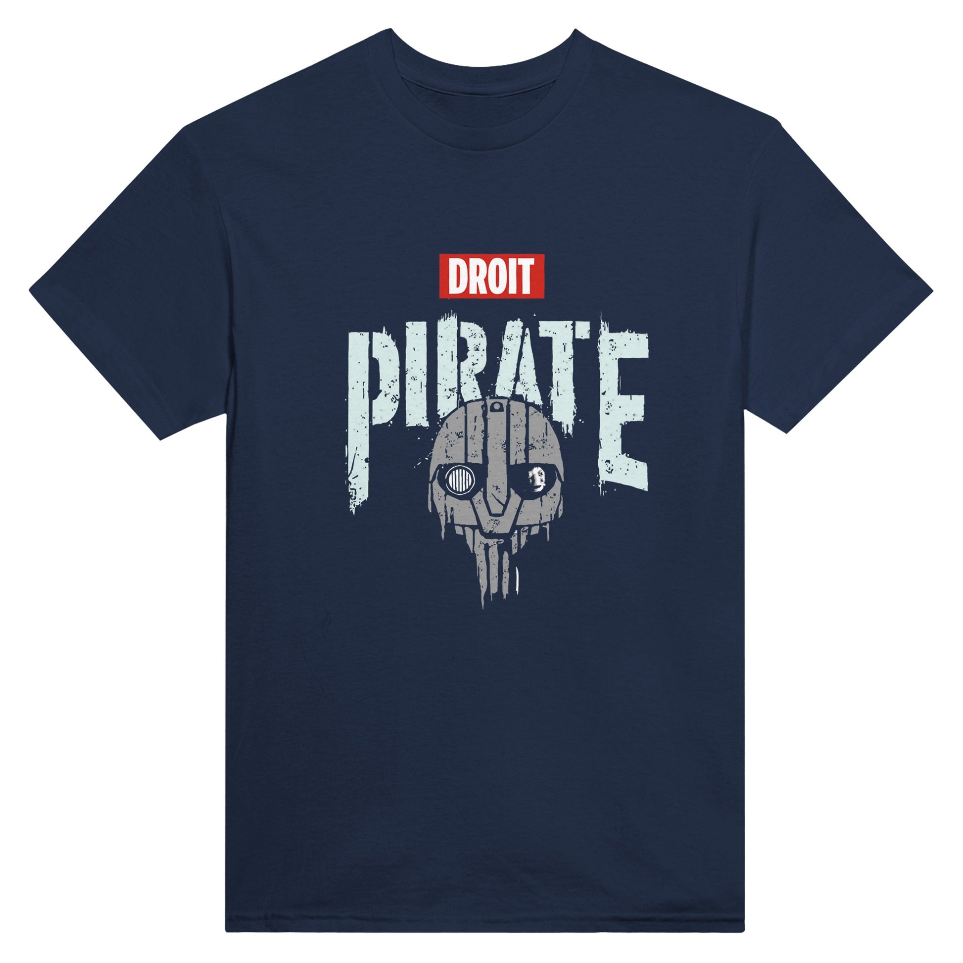 Navy blue star wars skeleton t-shirt with pirate skull graphic and red droit text by 101SHIRTS