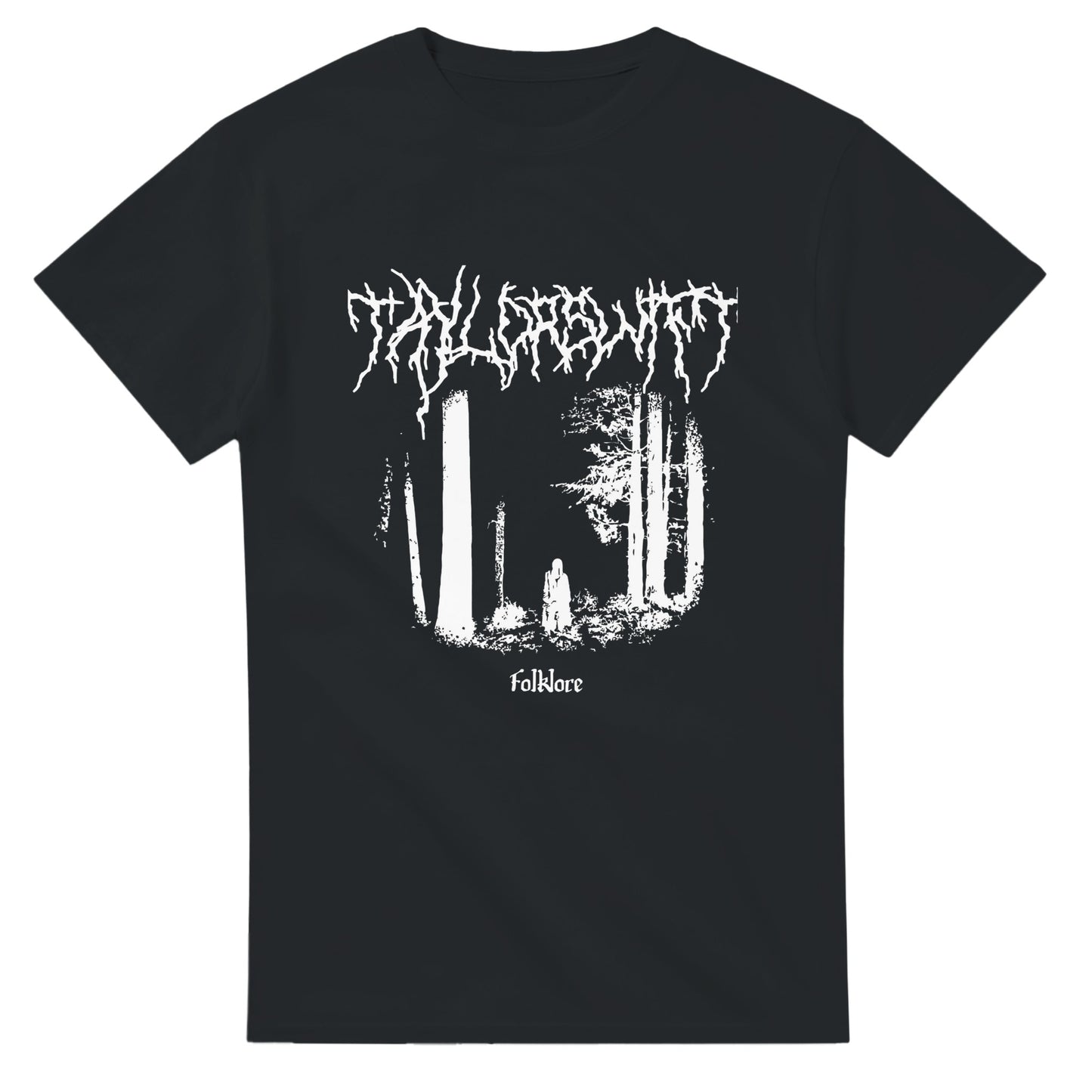 Black 101SHIRTS Taylor Swift folklore t-shirt with white eerie forest and text design