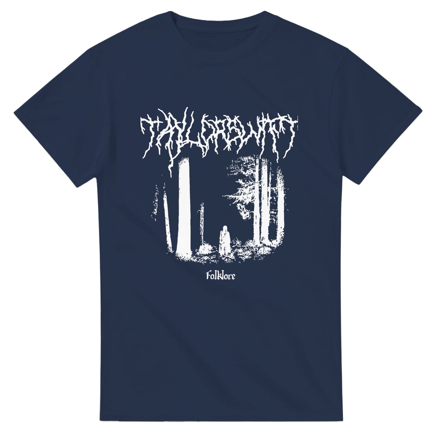 Navy blue Taylor Swift folklore t-shirt with white forest and typography design