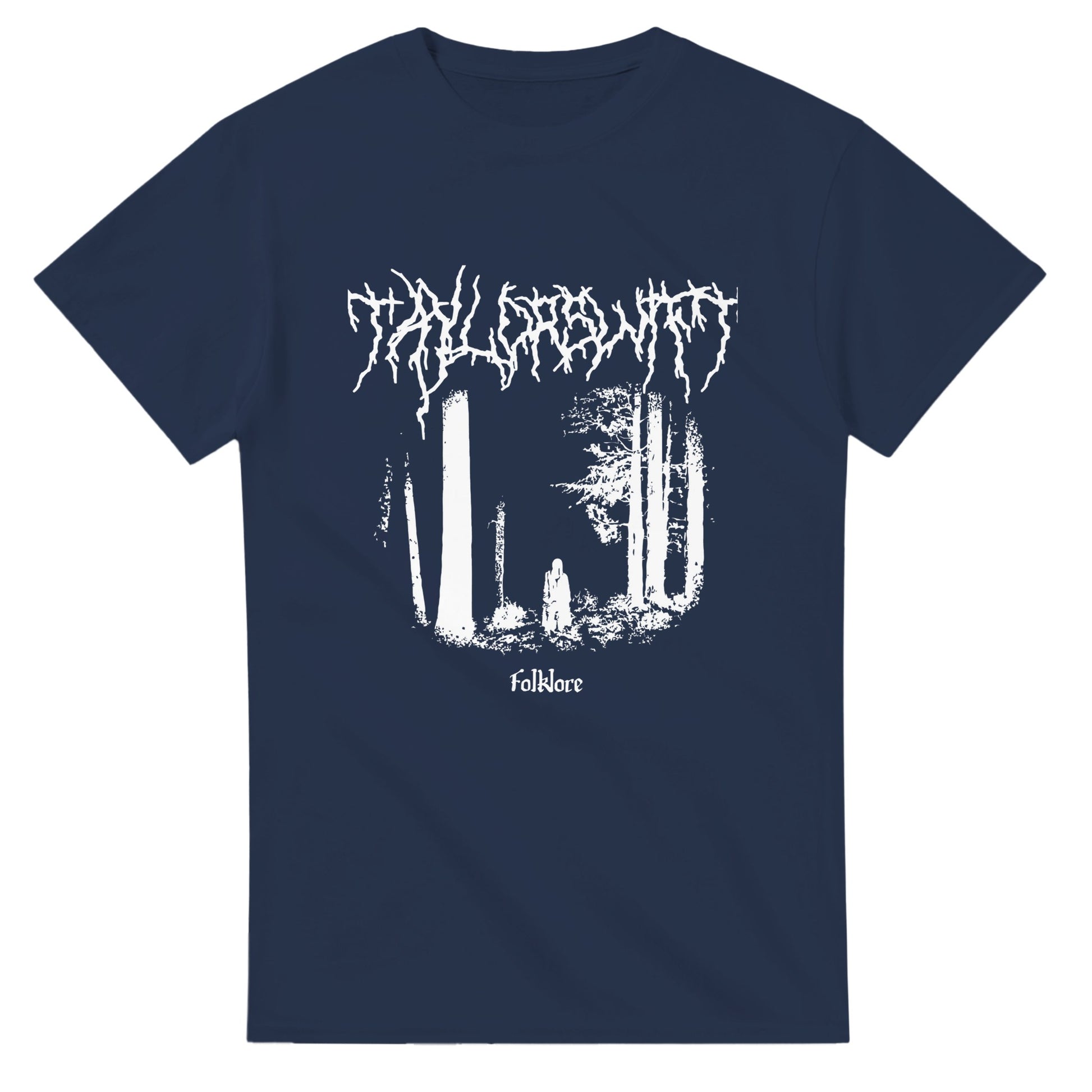 Navy blue Taylor Swift folklore t-shirt with white forest and typography design
