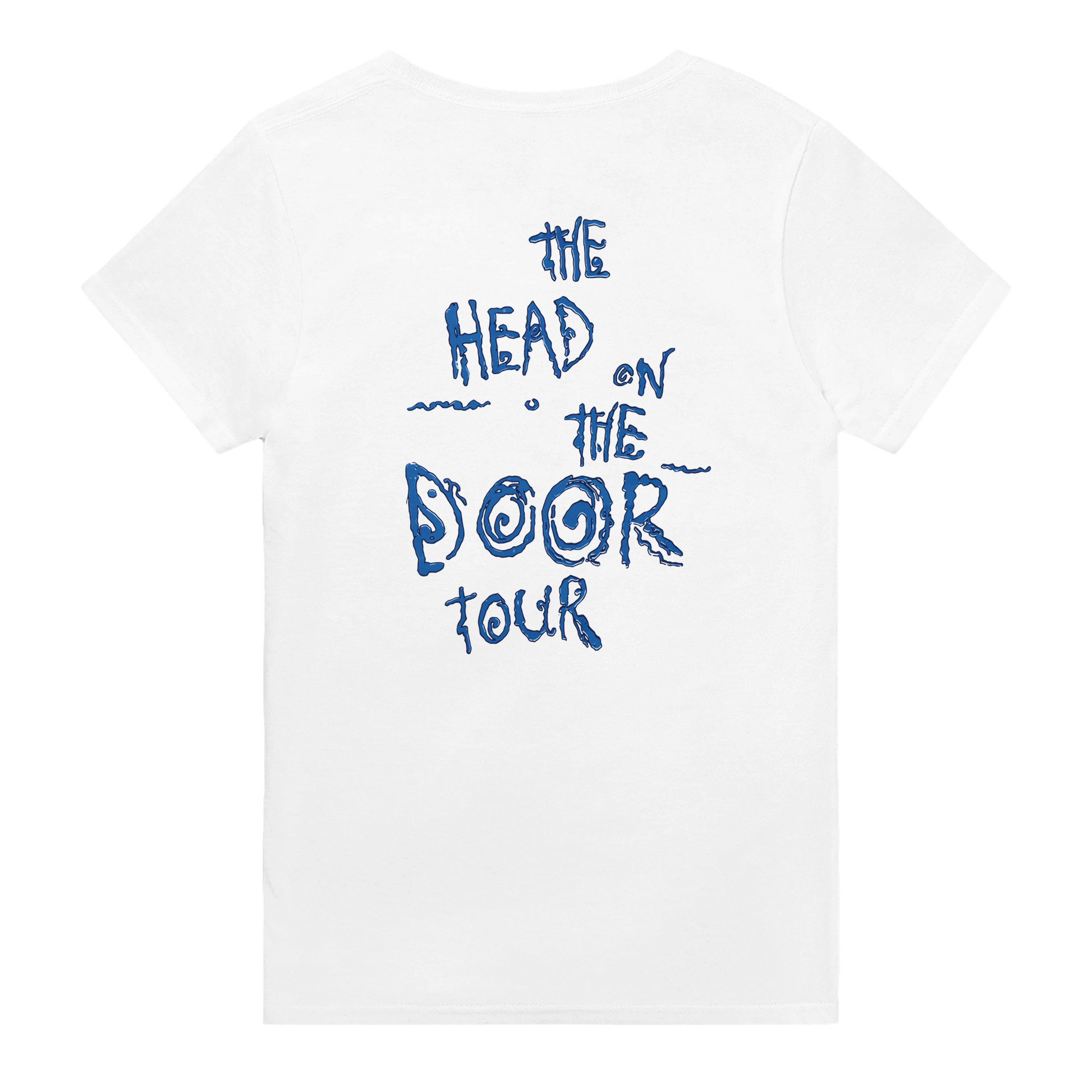 White The Cure concert t-shirt featuring blue text graphic The Head on the Door Tour on back