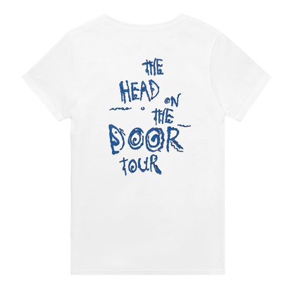 White The Cure concert t-shirt featuring blue text graphic The Head on the Door Tour on back