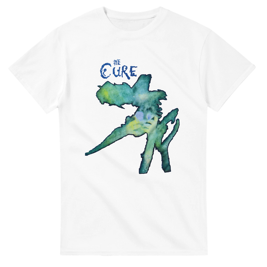 White 101SHIRTS The Cure concert t-shirt with artistic blue and green graphic design