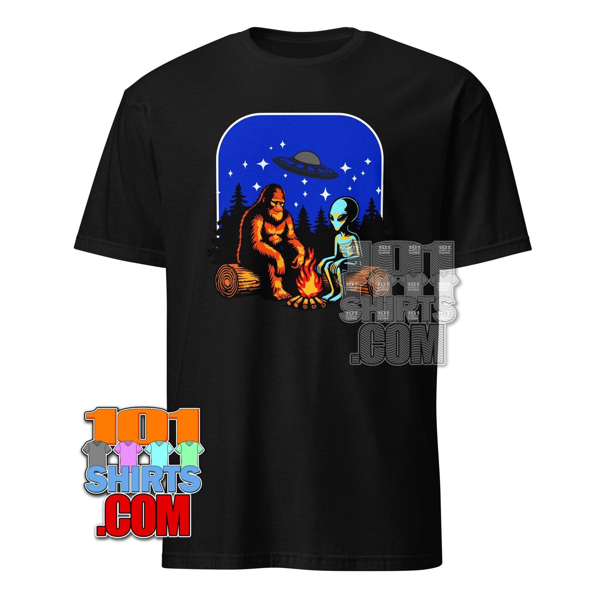 Bigfoot & Alien Campfire T-Shirt – Where Cryptozoology Meets the Cosmos! Tee - 101SHIRTS