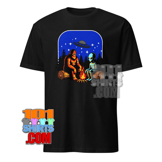 Bigfoot & Alien Campfire T-Shirt – Where Cryptozoology Meets the Cosmos! Tee - 101SHIRTS