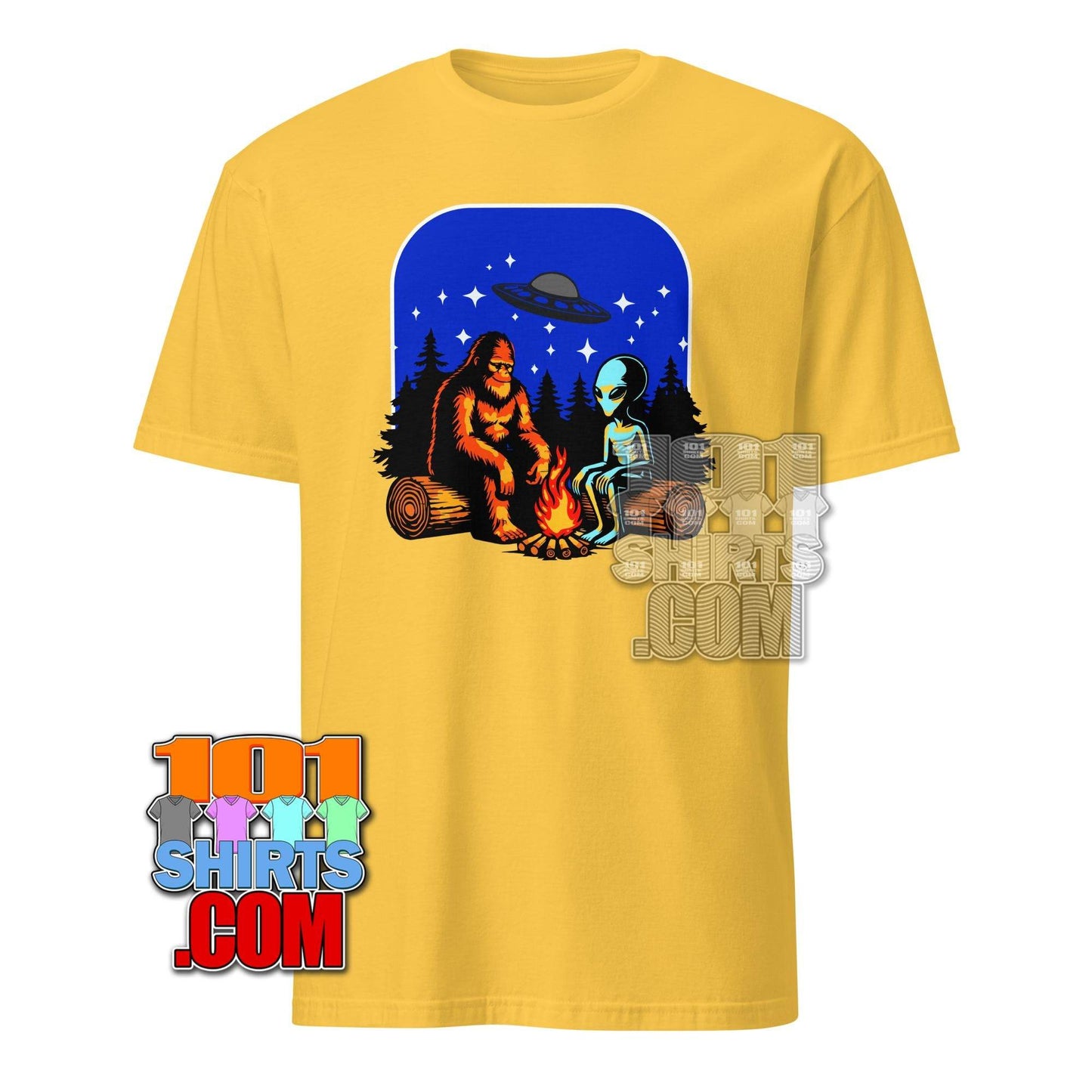 Bigfoot & Alien Campfire T-Shirt – Where Cryptozoology Meets the Cosmos! Tee - 101SHIRTS