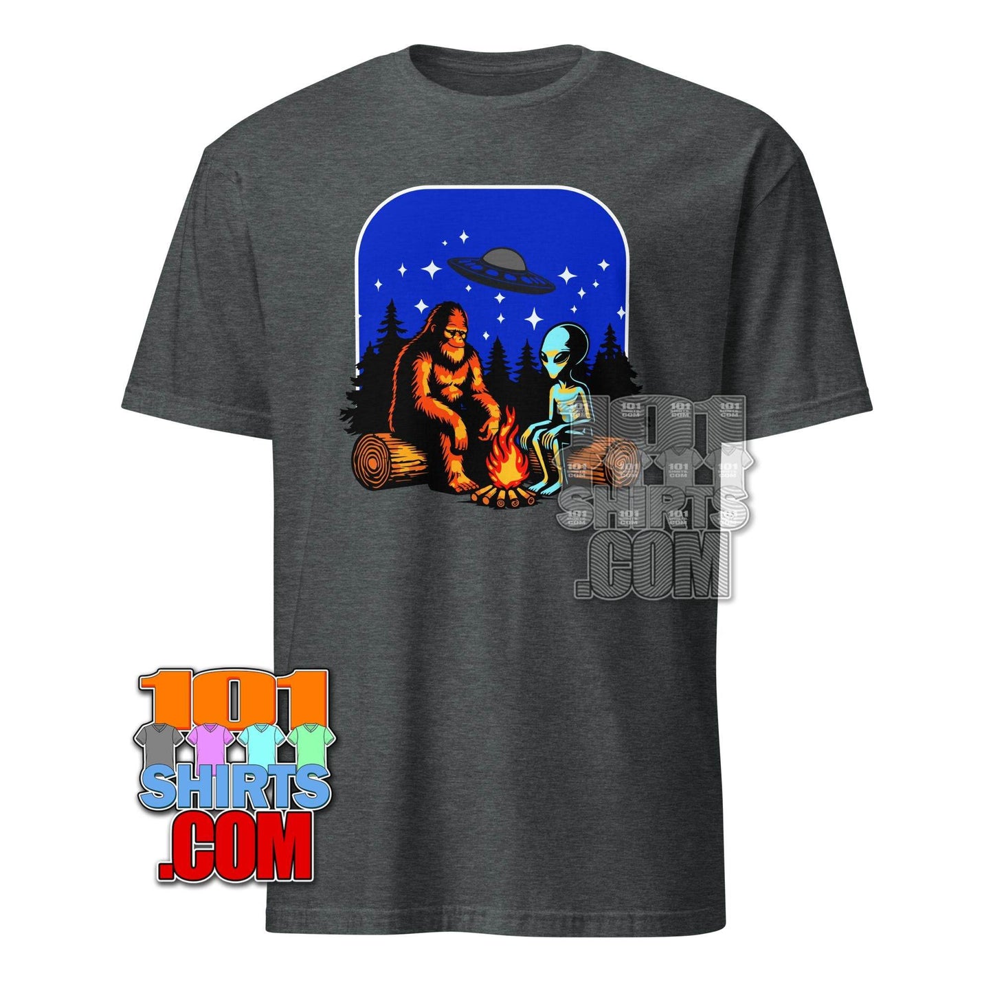 Bigfoot & Alien Campfire T-Shirt – Where Cryptozoology Meets the Cosmos! Tee - 101SHIRTS