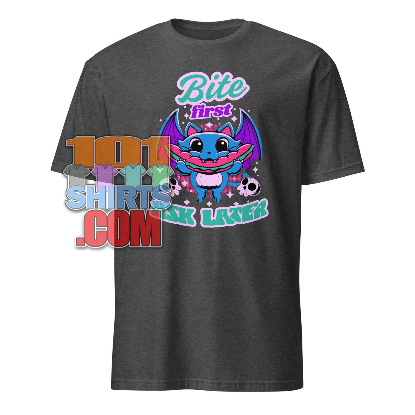 Bite First Ask Later Vampire Bat Hot Dog T-Shirt - Spooky Cute & Hungry Tee - 101SHIRTS