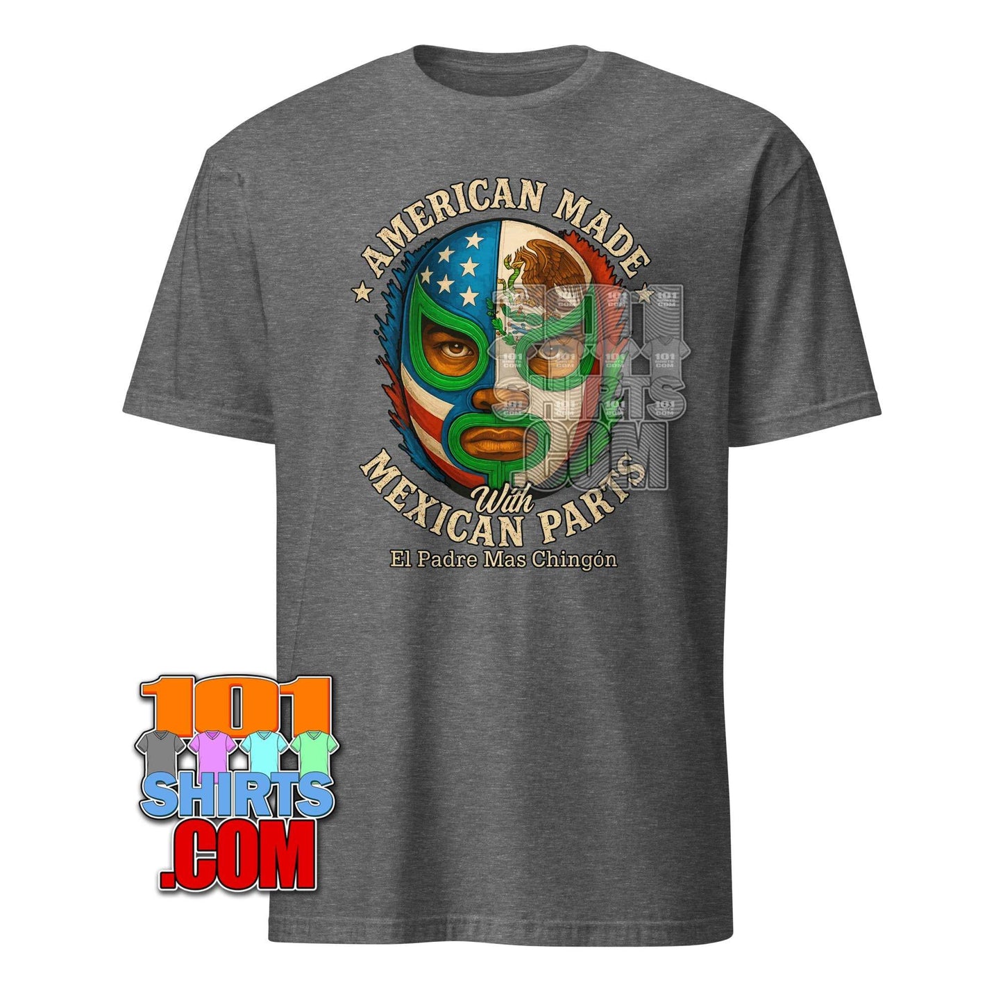 American Made with Mexican Parts Lucha Libre Mask T-Shirt - Patriotic USA Mexico Wrestling Tee - 101SHIRTS